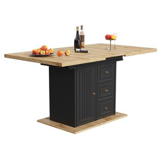 Table à Manger 110x80x75cm, Table Extensible Rectangle, Rangement, Moderne, Mdf+métal, Noir+bois