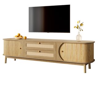 Meuble TV 170x39,5x46cm, 2 Tiroirs, 2 Portes Coulissantes, Pieds En Bois, Mdf, Couleur Bois