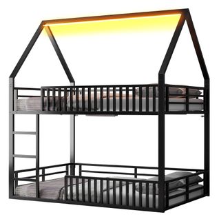 Lit Superposé 140x200cm, Lit Enfant En Forme De Maison, Barrières De Sécurité, Lumières LED, Noir