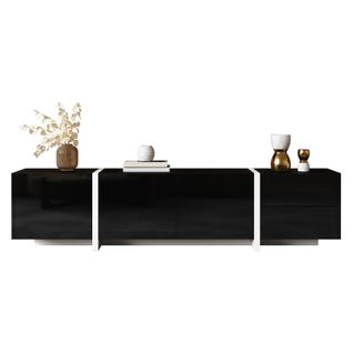 Meuble TV Noir Avec 4 Portes Et Tiroir, Rangement Pratique Et Finition Haute Brillance