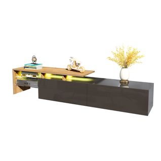 Meuble TV 170 Cm Noir Et Bois Avec LED 16 Couleurs Et 2 Tiroirs, Étagères En Verre, Design Brillant
