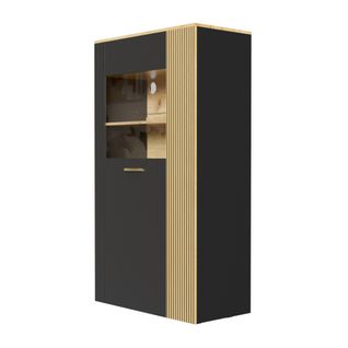 Vitrine Noir Et Bois, Buffet Haut Avec LED 16 Couleurs Et Porte Vitrée, 6 Niveaux De Rangement