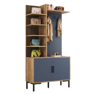 Vestiaire Haut.190, Meuble D’entrée Avec Étagères, Crochets Et Range-chaussures, Design Bois Et Noir