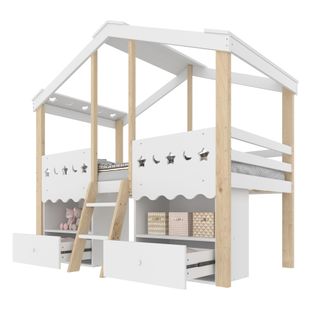 Lit Mi-hauteur Cabane 90x200 Cm, Lit Enfant Avec 2 Tiroirs, Éclairage LED, Blanc Et Bois