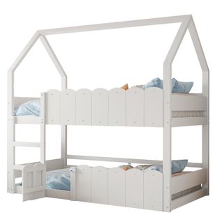 Lit Superposé Enfant 90x200 Cm Avec Design Cabane, Petite Porte Et Barrière De Sécurité, Bois Blanc