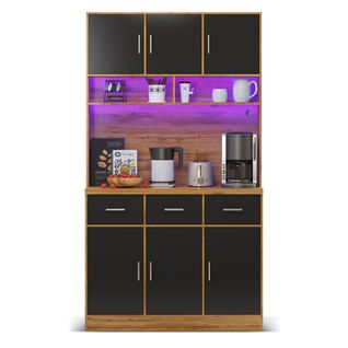 Buffet De Cuisine 180 Cm Naturel Et Noir Avec LED Et Prises Intégrées, Grand Rangement