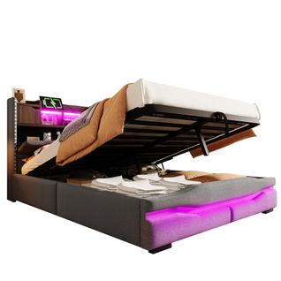 Lit Coffre 140x200 Cm Avec Port USB-c, Lumière LED, Tête De Lit De Rangement, Gris