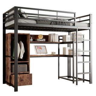 Lit Mezzanine 140x200 Cm Avec Lumière LED, Bureau, 1 Tiroir, Étagère De Rangement, Noir