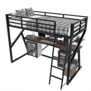 Lit Mezzanine 90x200 Cm Avec Éclairage LED, Barrières De Sécurité, Bureau, En Métal, Noir