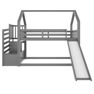 Lit Superposé 90x200 Cm Avec Échelle De Rangement, Toboggan, Barrière De Sécurité, Gris