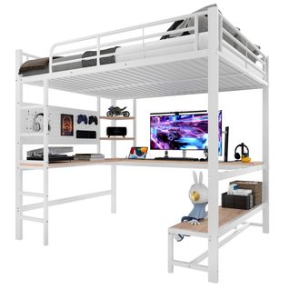 Lit Mezzanine 140x200 Cm Avec Bureau, Barrière De Sécurité, Étagères, Ports USB, Lumière LED, Blanc