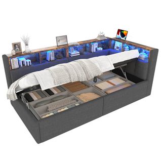 Lit Coffre 90x200 Cm Avec Port USB, LED, Vérin Hydraulique Unilatéral, En Lin, Sans Fond, Gris