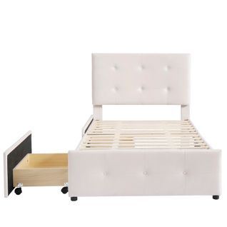 Lit Enfant 90x200 Cm Avec 2 Tiroirs Et Lattes, Tête Rembourrée En Velours, Beige