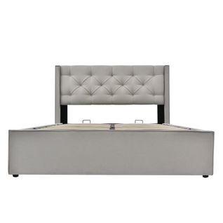 Lit Double Hydraulique Rembourré 160x200cm, Cadre De Lit Moderne Avec Rangement, Coton, Gris Clair