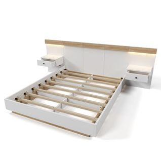 Lit Double Avec 2 Tables De Nuit LED Et Prise USB C, 180 X 200 Cm, Blanc