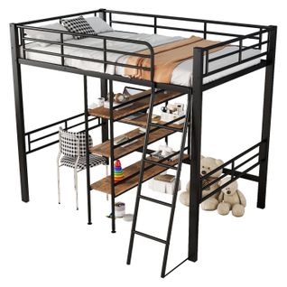 Lit Mezzanine, Lit Enfant 90x200 Cm, Avec Bureau, Étagères Multiples, Métal, Noir