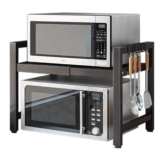 Étagère De Cuisine Extensible Pour Micro-ondes Avec 6 Crochets, Charge Maximale 30kg, Acier, Noir