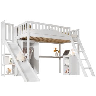 Lit Mezzanine 90 X 200 Cm Avec Table Et Armoire, Blanc