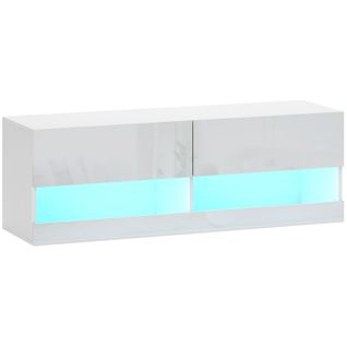 Meuble TV 120 X 35 X 40 Cm - Avec Portes Et Niches Ouvertes - Blanc Brillant - Éclairage LED