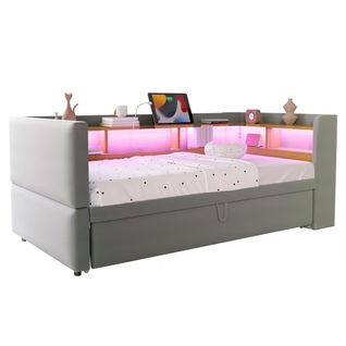 Lit Gigogne 90x190 Cm Avec LED Et USB, Avec Rangement, Gris