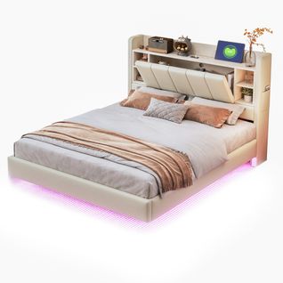 Lit Rembourré, 140 X 200 Cm, Multifonction, Avec Lumière LED Et Interface USB, Cadre En Métal, Beige