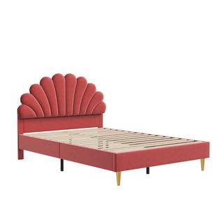 Lit Double 140 X 200 Cm, Rembourré, Avec Tête De Lit En Forme De Fleur Et Sommier à Lattes, Rouge