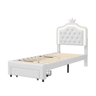 Lit Rembourré 90 X 200 Cm, Avec Tiroirs, LED, Avec Sommier à Lattes Et Dossier, Blanc