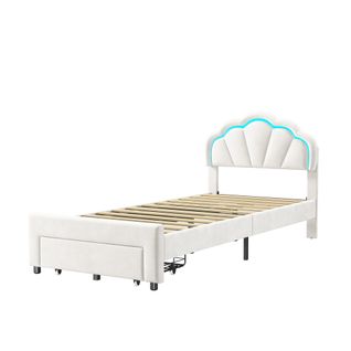 Lit Rembourré 90 X 200 Cm, Avec LED, Avec Tiroirs, Avec Sommier à Lattes, Velours, Blanc