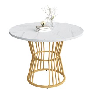 Table à Manger Ronde, Motif Marbre, Cadre En Métal, Doré