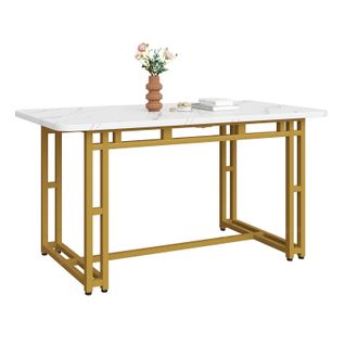 Table Rectangulaire 120x70 Cm, Pieds Métal Doré, Table Moderne Cuisine Et Salle à Manger