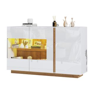 Buffet De Salon Avec LED, Armoire De Rangement,  Portes En Bois Et En Verre, 138x38x90cm, Blanc