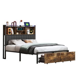 Lit Double 140x200 Cm, Lit Capitonné Avec LED Et Prises USB, Pu Tête De Lit Avec Rangement,  Noir