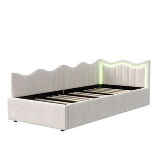 Lit Coffre En Velours Beige 90x200 Cm, Tête De Lit Ondulée Et LED, Sommier à Lattes En Bois