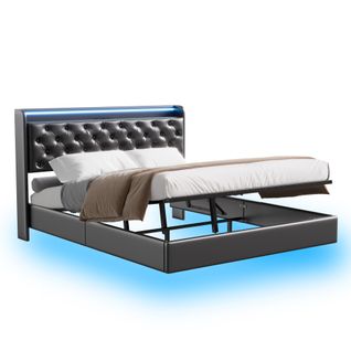 Lit Coffre 140x200 Cm Avec LED Et Port USB, Lits 2 Personnes Avec Sommier à Lattes, Pu, Noir