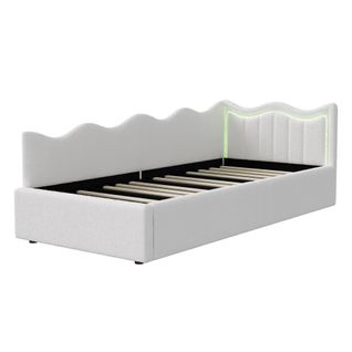 Lit Coffre En Velours Blanc 90x200 Cm, Tête De Lit Ondulée Et LED, Sommier à Lattes En Bois