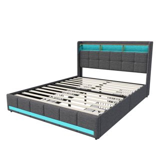 Lit Double 140x190 Avec Tiroirs De Rangement, Avec LED Et USB, Avec Sommier à Lattes, Linen, Gris