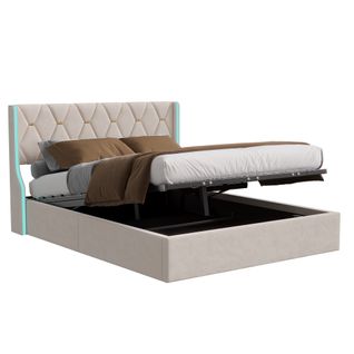 Lit Coffre 160x200 Cm Avec Sommier,  Avec LED, Sommier à Lattes, Velours, Beige