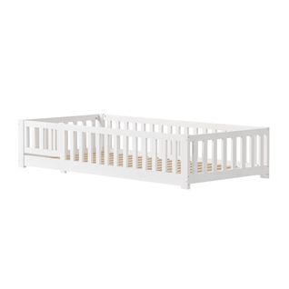 Lit Enfant 90 X 200 Cm - Lit Au Sol Enfant En Bois Naturel Avec Barrière Et Sommier - Blanc