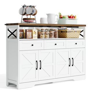 Buffet De 140 Cm Avec Espace De Rangement, Bar à Café Avec 3 Tiroirs, Convient Pour Cuisine, Blanc