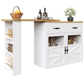 Buffet De Bar - Meuble Rangement Extensible Avec Tiroirs Et Rotation 360°, Blanc, 138-204x39x104 Cm
