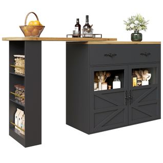 Buffet De Bar - Meuble Rangement Extensible Avec Tiroirs Et Rotation 360°, Noir, 138-204x39x104 Cm