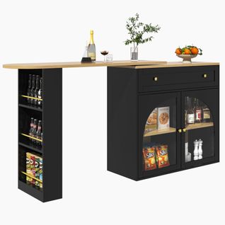 Buffet De Cuisine Extensible, Table Bar Pivotante 360° Avec Rangement, Étagères En Verre, Noir