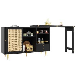 Table Haute Pivotante 360° Noire Extensible Avec Rangement Et Étagère Ouverte, Porte En Rotin