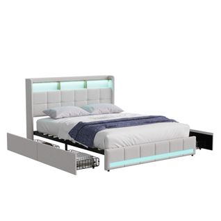 Lit Double 160x200 Cm Avec Sommier, LED Et USB, 4 Tiroirs Et Tête De Lit De Rangement, Lin, Beige