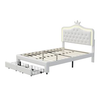 Lit Rembourré 140 X 200 Cm, Avec Tiroirs, LED, Avec Sommier à Lattes Et Dossier, Blanc