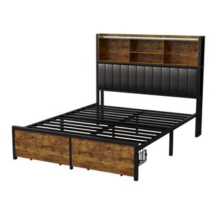 Lit Double 140x200cm, Lit Capitonné Avec LED Et USB,pu Tête De Lit Avec Rangement, Noir