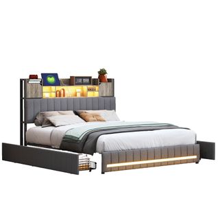 Lit 140x190 Avec LED Et USB, Lit Double Rembourré Avec Sommier à Lattes Et 4 Tiroirs, Lin, Gris