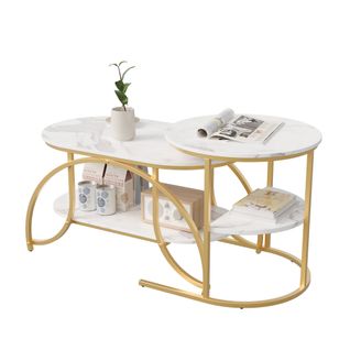 Lot De 2 Tables Basses Gigognes, Table Basse Ronde En Marbre, Tables D'appoint Ronde, Doré + Blanc