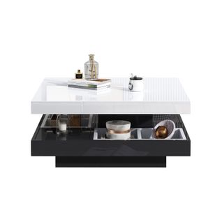 Table Basse Carrée Avec Rotation à 360 Degrés -  Avec Compartiment De Rangement, Noir + Blanc