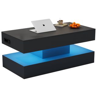 Table Basse Moderne Avec LED - Plateau Relevage Hydraulique - Rangement Intégré - 100x50x42 Cm, Noir